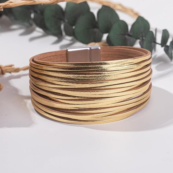 Boho Leather Wrap Bracelet Gold Layered Bangle Cuff Magnetic Clasp - Picture 7 of 7